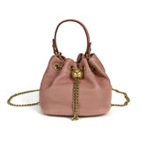 Handcrafted Top Grain Cowhide Leather Mini Bucket Bag | Women's Drawstring Chain Crossbody Purse