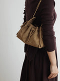 Quilted Suede Lambskin Drawstring Bucket Bag – Gold Chain Shoulder Bag | Diamond Quilt with Side Flap Pockets & Turn-Lock Clasp
