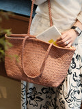 Handwoven Basket Tote Bag | Vegetable-Tanned Italian Cowhide Hand-Carry Bag | Minimalist Summer Commuter Style