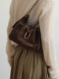 Quilted Suede Lambskin Drawstring Bucket Bag – Gold Chain Shoulder Bag | Diamond Quilt with Side Flap Pockets & Turn-Lock Clasp