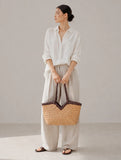 Handwoven Full Grain Cowhide Leather Basket Tote | V-Cut Rim Leather Shoulder Bag | Summer Beach Bag in Two Sizes