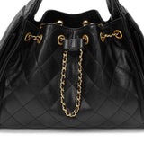 Quilted Diamond Leather Drawstring Hobo Bag – Gold Chain Strap | Lambskin & Cowhide Shoulder Bag for Women