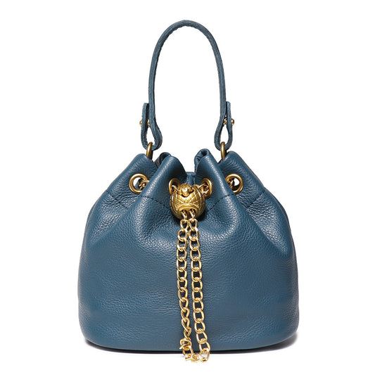 Handcrafted Top Grain Cowhide Leather Mini Bucket Bag | Women's Drawstring Chain Crossbody Purse
