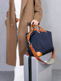 Cowhide leather top handle and nylon body contrast detail – handmade laptop tote bag