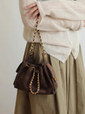 Quilted Suede Lambskin Drawstring Bucket Bag – Gold Chain Shoulder Bag | Diamond Quilt with Side Flap Pockets & Turn-Lock Clasp