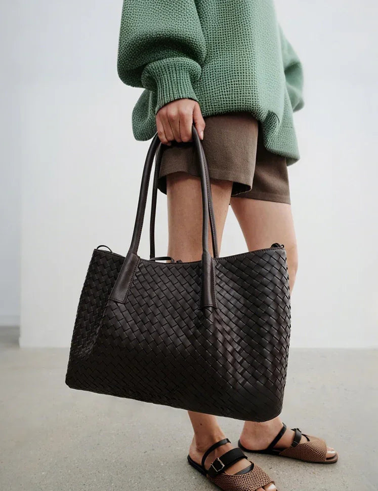 Handwoven Lambskin Leather Brown Tote Bag | Woven Soft Leather Handbag for Women | Luxury Designer Handbag with Top Handles & Crossbody Strap