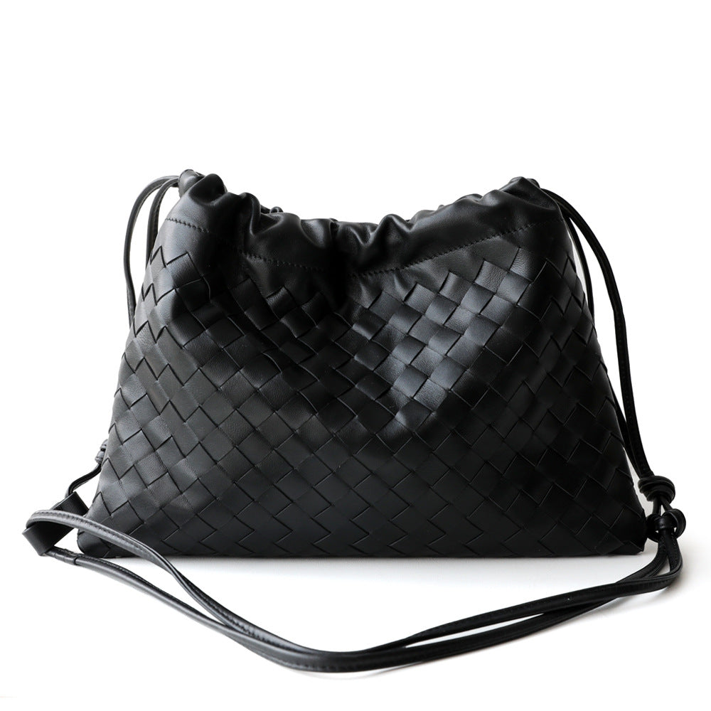 Luxurious Handwoven Lambskin Handbag Drawstring, Genuine Leather Shoulder Bucket Bag for Women - Image 2