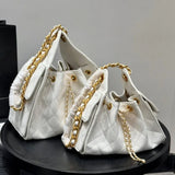 Quilted Diamond Leather Drawstring Hobo Bag – Gold Chain Strap | Lambskin & Cowhide Shoulder Bag for Women