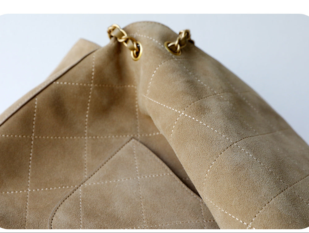 Quilted Suede Chain Flap Bag for Women | Vintage Matte Cowhide Shoulder & Crossbody Messenger Purse | Diamond-Quilted Autumn Winter Bag in Four Sizes