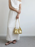 Quilted Diamond Leather Drawstring Hobo Bag – Gold Chain Strap | Lambskin & Cowhide Shoulder Bag for Women