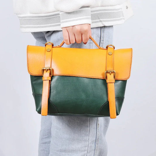 Vintage Italy Cowhide Leather Messenger Bag | Leather Shoulder Bag | Handmade Hand Bag | Leather Contrast Color Crossbody Bag
