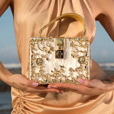 Acrylic Evening Clutch Bag, Box Handbag with Metal Carving & Rhinestone for Women
