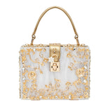 Acrylic Evening Clutch Bag, Box Handbag with Metal Carving & Rhinestone for Women