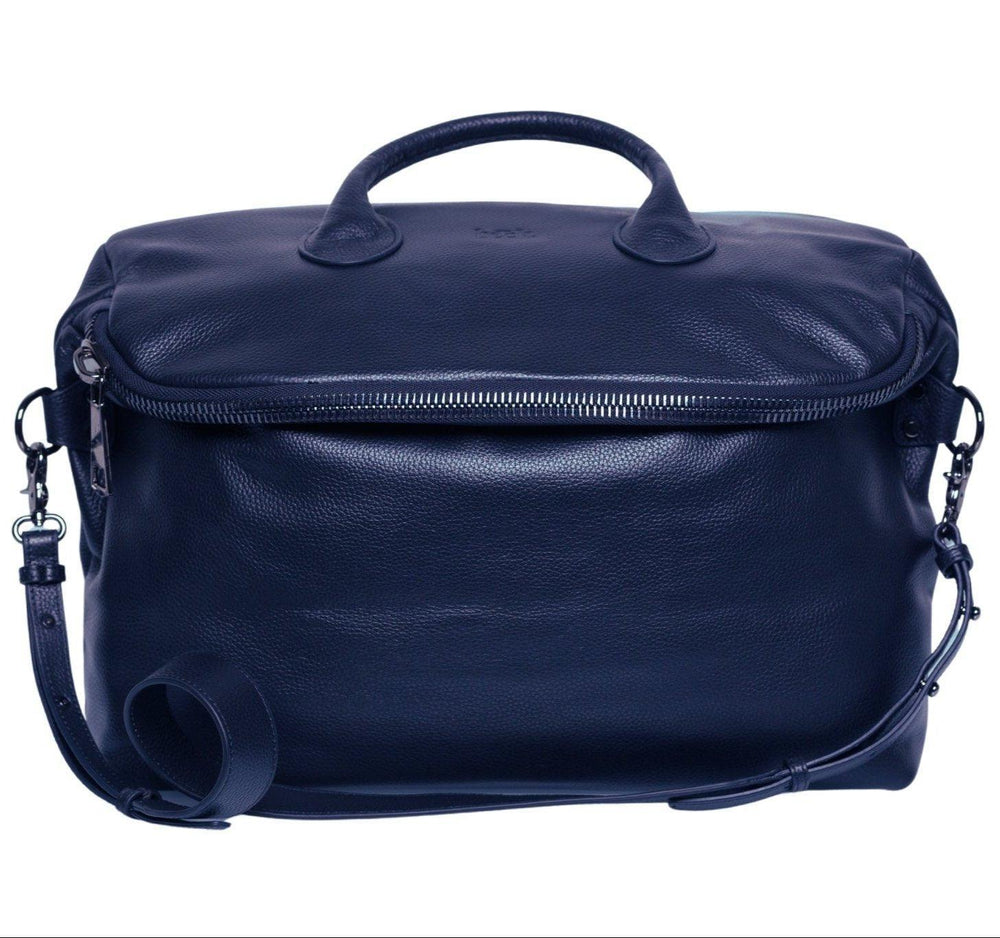 Large grain leather shoulder bag in dark navy with top handles, zipper closure, and crossbody strap