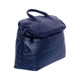 Navy blue grain leather zipper bag with top handles, pebbled texture, and metal hardware