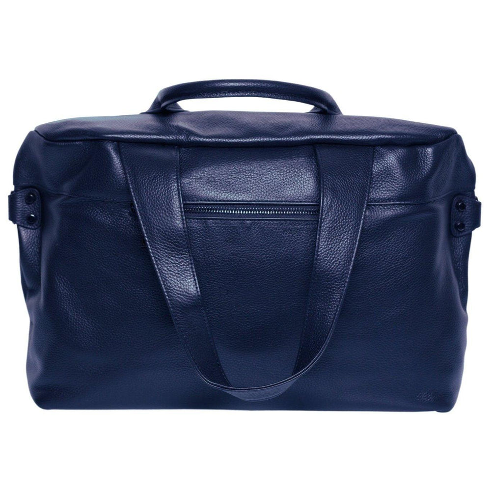 Navy blue grain leather shoulder bag with zipper pocket and double handles