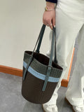 Artisan Sheepskin Bucket Shoulder Bag, Handcrafted Colour-block Weave Bag, Woven Leather Bag | Elegant Wedding Gift