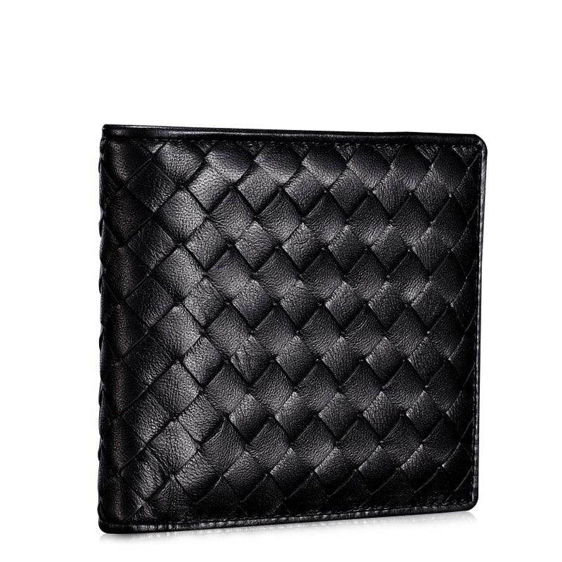 Black lambskin leather woven wallet, handcrafted, trifold design, men's card holder