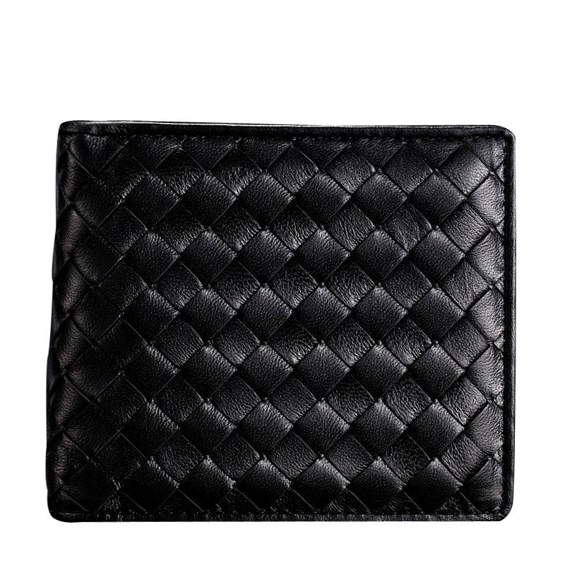 Black woven lambskin leather wallet, handcrafted, with a textured basket weave design.
