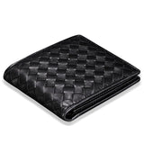 Black lambskin leather woven wallet with trifold design for men or women on white background