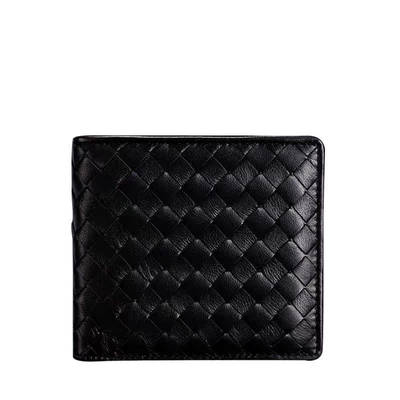 Black woven lambskin leather trifold wallet for men, handcrafted and minimalist design