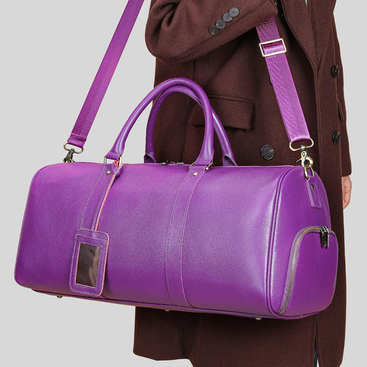 Blue Purple Fashion Duffel Bag Ladies, Premium Leather Vacation Purse | Men's or Women's Leather Weekender Bag Women, Handcrafted Waterproof Gym Carry-On with Shoe Compartment