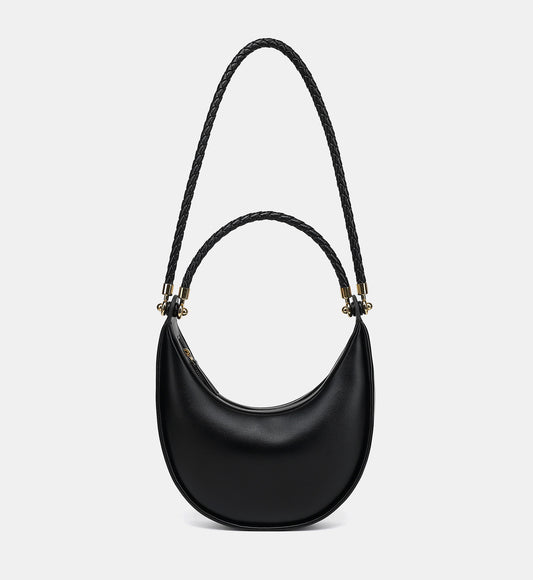 Braided Strap Lambskin Leather Hobo Bag | Handheld, Shoulder, and Crossbody Crescent Bag
