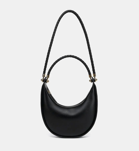 Braided Strap Lambskin Leather Hobo Bag | Handheld, Shoulder, and Crossbody Crescent Bag