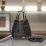 Calfskin Leather Wave-Cut Hollow Out Shoulder Bag, Scalloped Laser-Cut Handbag, Fashion Designer Bag