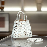 Calfskin Leather Wave-Cut Hollow Out Shoulder Bag, Scalloped Laser-Cut Handbag, Fashion Designer Bag