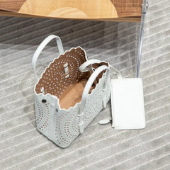 Calfskin Leather Wave-Cut Hollow Out Shoulder Bag, Scalloped Laser-Cut Handbag, Fashion Designer Bag Calfskin Leather Wave-Cut Hollow Out Shoulder Bag, Scalloped Laser-Cut Handbag, Fashion Designer Bag