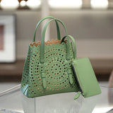 Calfskin Leather Wave-Cut Hollow Out Shoulder Bag, Scalloped Laser-Cut Handbag, Fashion Designer Bag