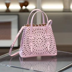 Calfskin Leather Wave-Cut Hollow Out Shoulder Bag, Scalloped Laser-Cut Handbag, Fashion Designer Bag Calfskin Leather Wave-Cut Hollow Out Shoulder Bag, Scalloped Laser-Cut Handbag, Fashion Designer Bag