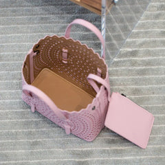 Calfskin Leather Wave-Cut Hollow Out Shoulder Bag, Scalloped Laser-Cut Handbag, Fashion Designer Bag Calfskin Leather Wave-Cut Hollow Out Shoulder Bag, Scalloped Laser-Cut Handbag, Fashion Designer Bag