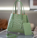 Calfskin Leather Wave-Cut Hollow Out Shoulder Bag, Scalloped Laser-Cut Handbag, Fashion Designer Bag