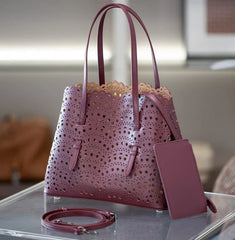 Calfskin Leather Wave-Cut Hollow Out Shoulder Bag, Scalloped Laser-Cut Handbag, Fashion Designer Bag Calfskin Leather Wave-Cut Hollow Out Shoulder Bag, Scalloped Laser-Cut Handbag, Fashion Designer Bag