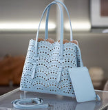 Calfskin Leather Wave-Cut Hollow Out Shoulder Bag, Scalloped Laser-Cut Handbag, Fashion Designer Bag