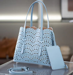 Calfskin Leather Wave-Cut Hollow Out Shoulder Bag, Scalloped Laser-Cut Handbag, Fashion Designer Bag Calfskin Leather Wave-Cut Hollow Out Shoulder Bag, Scalloped Laser-Cut Handbag, Fashion Designer Bag