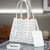 Calfskin Leather Wave-Cut Hollow Out Shoulder Bag, Scalloped Laser-Cut Handbag, Fashion Designer Bag