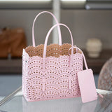 Calfskin Leather Wave-Cut Hollow Out Shoulder Bag, Scalloped Laser-Cut Handbag, Fashion Designer Bag