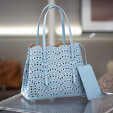 Calfskin Leather Wave-Cut Hollow Out Shoulder Bag, Scalloped Laser-Cut Handbag, Fashion Designer Bag