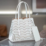 Calfskin Leather Wave-Cut Hollow Out Shoulder Bag, Scalloped Laser-Cut Handbag, Fashion Designer Bag