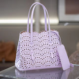 Calfskin Leather Wave-Cut Hollow Out Shoulder Bag, Scalloped Laser-Cut Handbag, Fashion Designer Bag