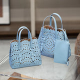 Calfskin Leather Wave-Cut Hollow Out Shoulder Bag, Scalloped Laser-Cut Handbag, Fashion Designer Bag