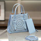 Calfskin Leather Wave-Cut Hollow Out Shoulder Bag, Scalloped Laser-Cut Handbag, Fashion Designer Bag