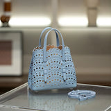 Calfskin Leather Wave-Cut Hollow Out Shoulder Bag, Scalloped Laser-Cut Handbag, Fashion Designer Bag
