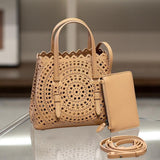 Calfskin Leather Wave-Cut Hollow Out Shoulder Bag, Scalloped Laser-Cut Handbag, Fashion Designer Bag