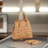 Calfskin Leather Wave-Cut Hollow Out Shoulder Bag, Scalloped Laser-Cut Handbag, Fashion Designer Bag