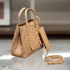 Calfskin Leather Wave-Cut Hollow Out Shoulder Bag, Scalloped Laser-Cut Handbag, Fashion Designer Bag Calfskin Leather Wave-Cut Hollow Out Shoulder Bag, Scalloped Laser-Cut Handbag, Fashion Designer Bag