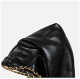Black quilted calfskin leather shoulder bag with gold-tone chain detail, minimalist design
